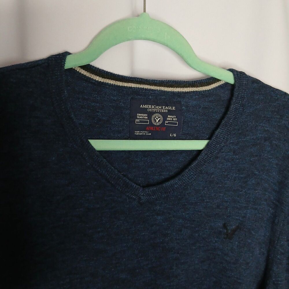 American Eagle V-Neck Sweater Cotton Knit Athletic Fit Navy Blue Men's Large - Picture 4 of 7
